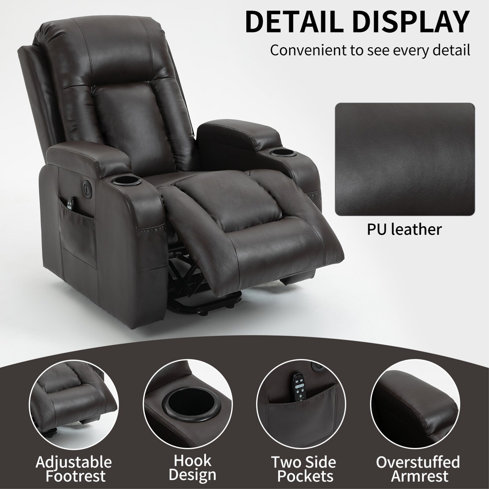 Fauteuil inclinable électrique avec massage en 8 points, chauffage lombaire, chargement USB, porte-gobelets et mécanisme robuste