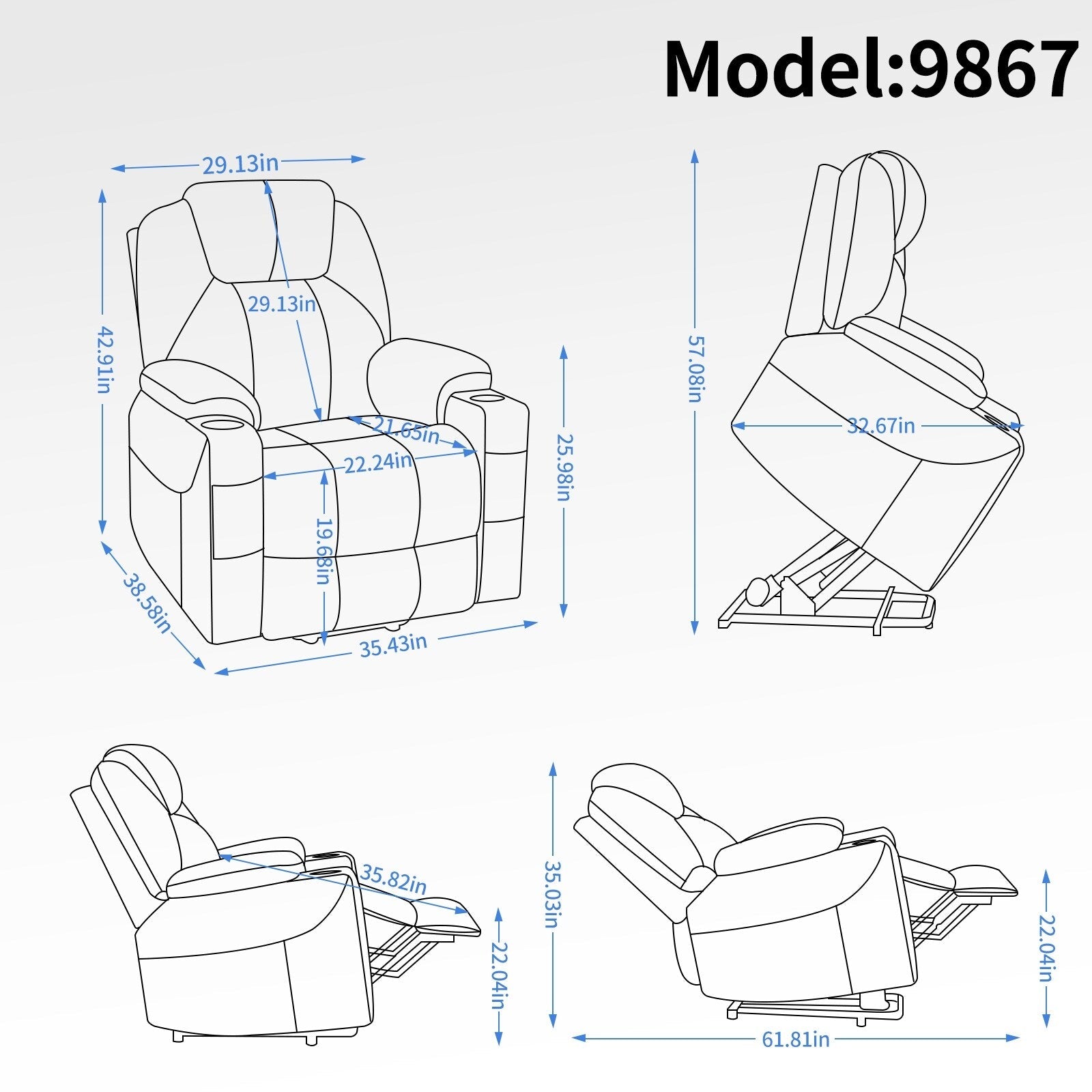 Fauteuil inclinable électrique avec massage par vibrations à 8 points, chauffage lombaire, deux ports USB et porte-gobelets en acier inoxydable