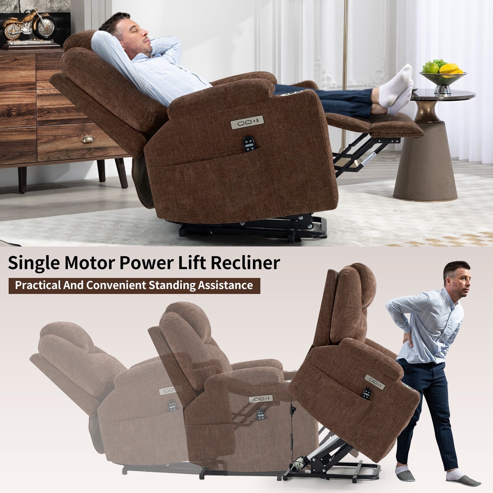 Fauteuil inclinable électrique avec massage par vibrations à 8 points, chauffage lombaire, deux ports USB et porte-gobelets en acier inoxydable