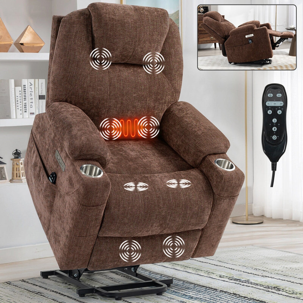 Fauteuil inclinable électrique avec massage par vibrations à 8 points, chauffage lombaire, deux ports USB et porte-gobelets en acier inoxydable