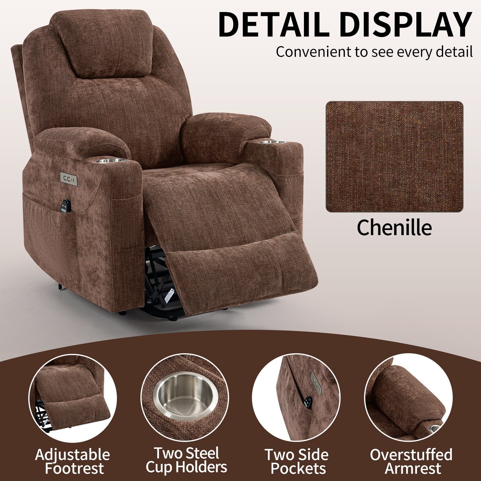 Fauteuil inclinable électrique avec massage par vibrations à 8 points, chauffage lombaire, deux ports USB et porte-gobelets en acier inoxydable