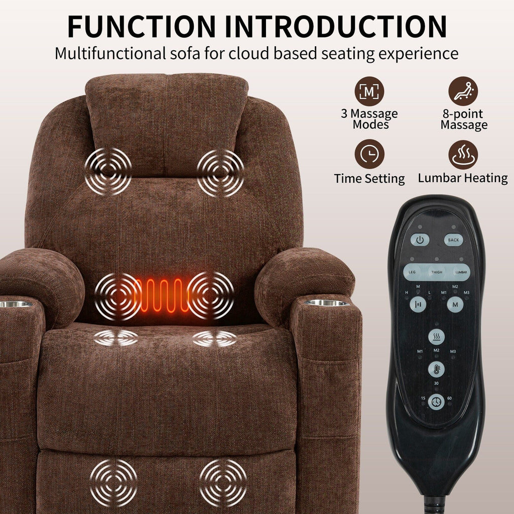 Fauteuil inclinable électrique avec massage par vibrations à 8 points, chauffage lombaire, deux ports USB et porte-gobelets en acier inoxydable
