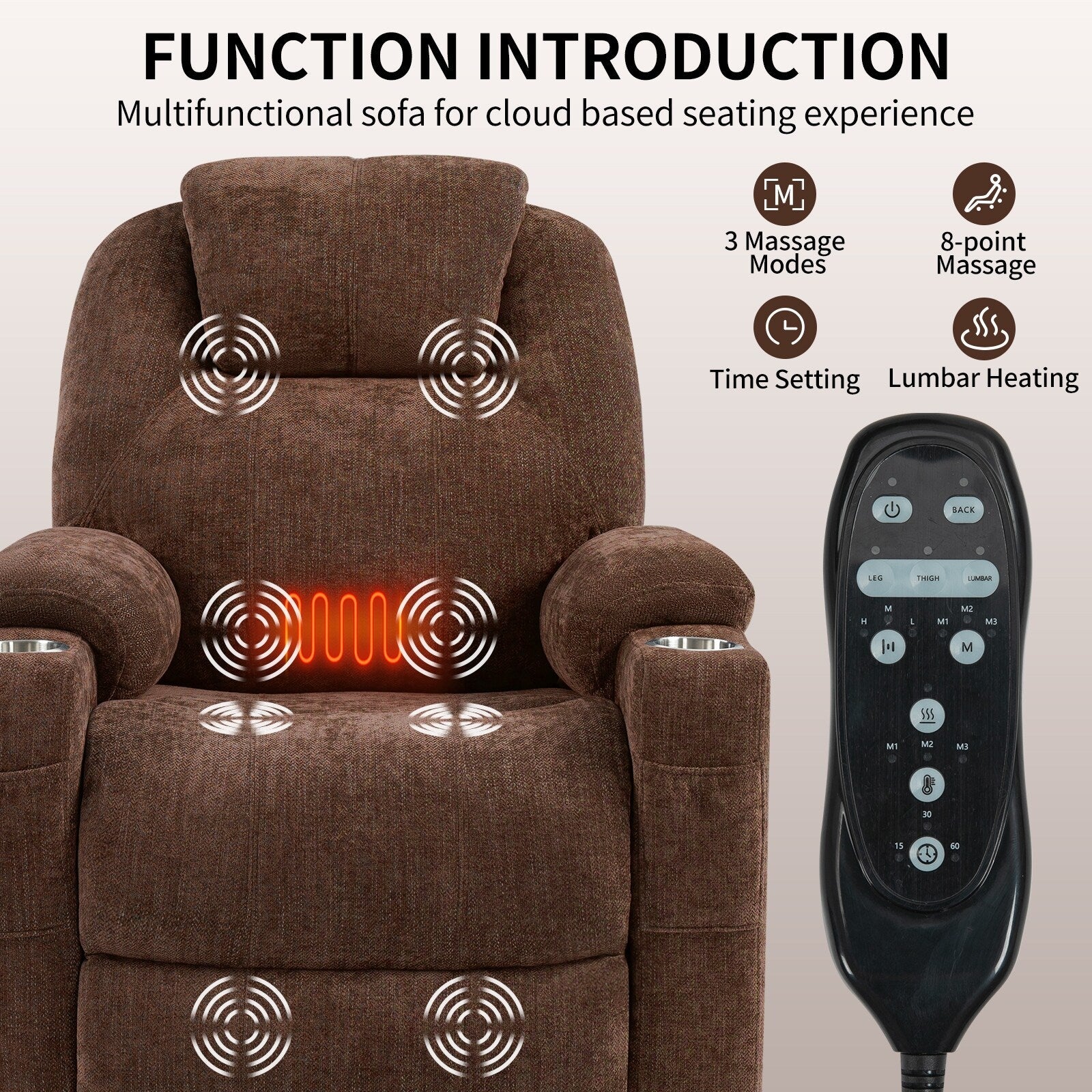 Fauteuil inclinable électrique avec massage par vibrations à 8 points, chauffage lombaire, deux ports USB et porte-gobelets en acier inoxydable