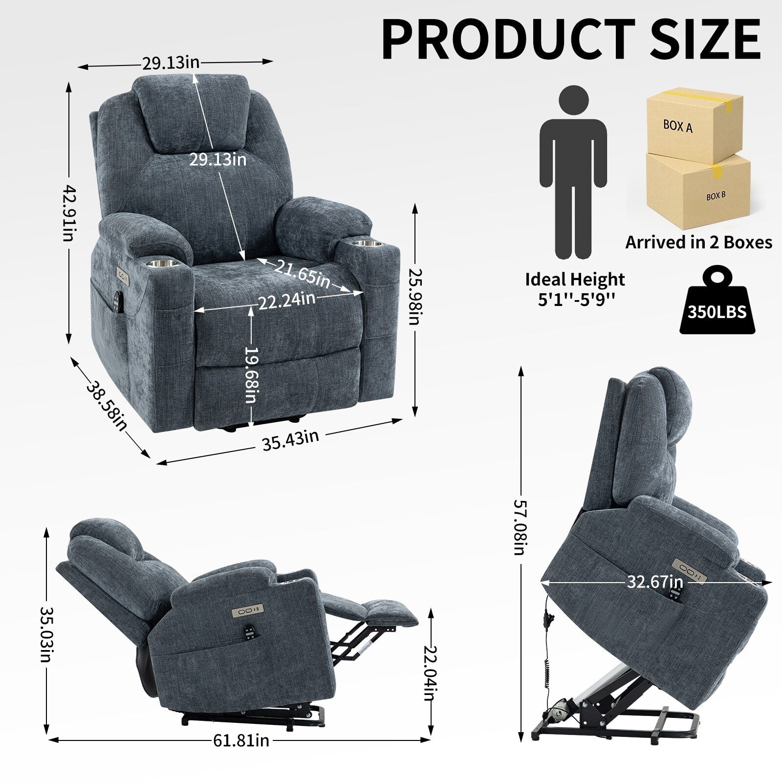 Fauteuil inclinable électrique avec massage par vibrations à 8 points, chauffage lombaire, deux ports USB et porte-gobelets en acier inoxydable
