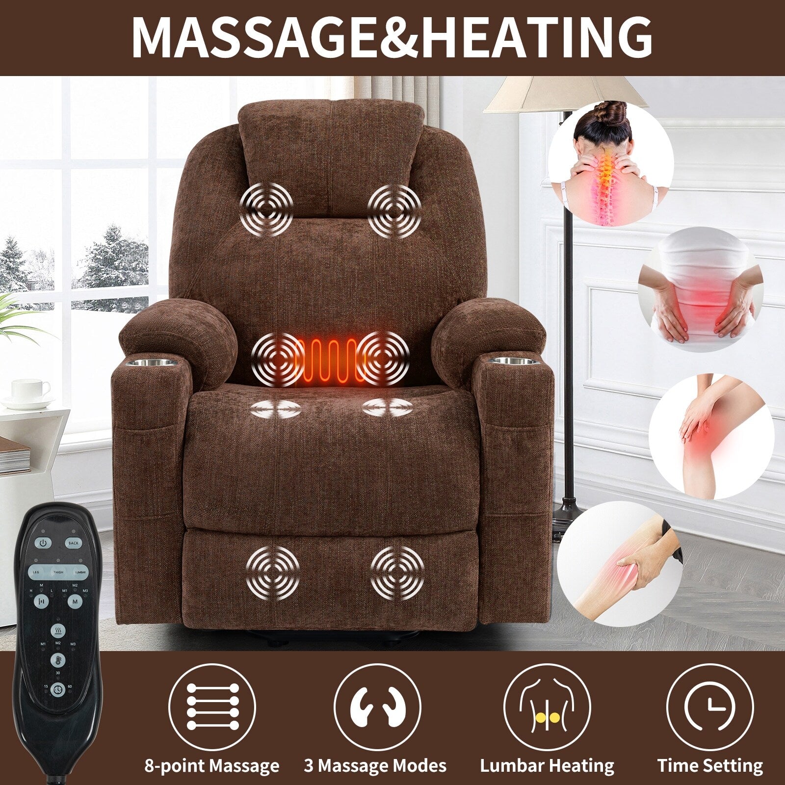 Fauteuil inclinable électrique avec massage par vibrations à 8 points, chauffage lombaire, deux ports USB et porte-gobelets en acier inoxydable