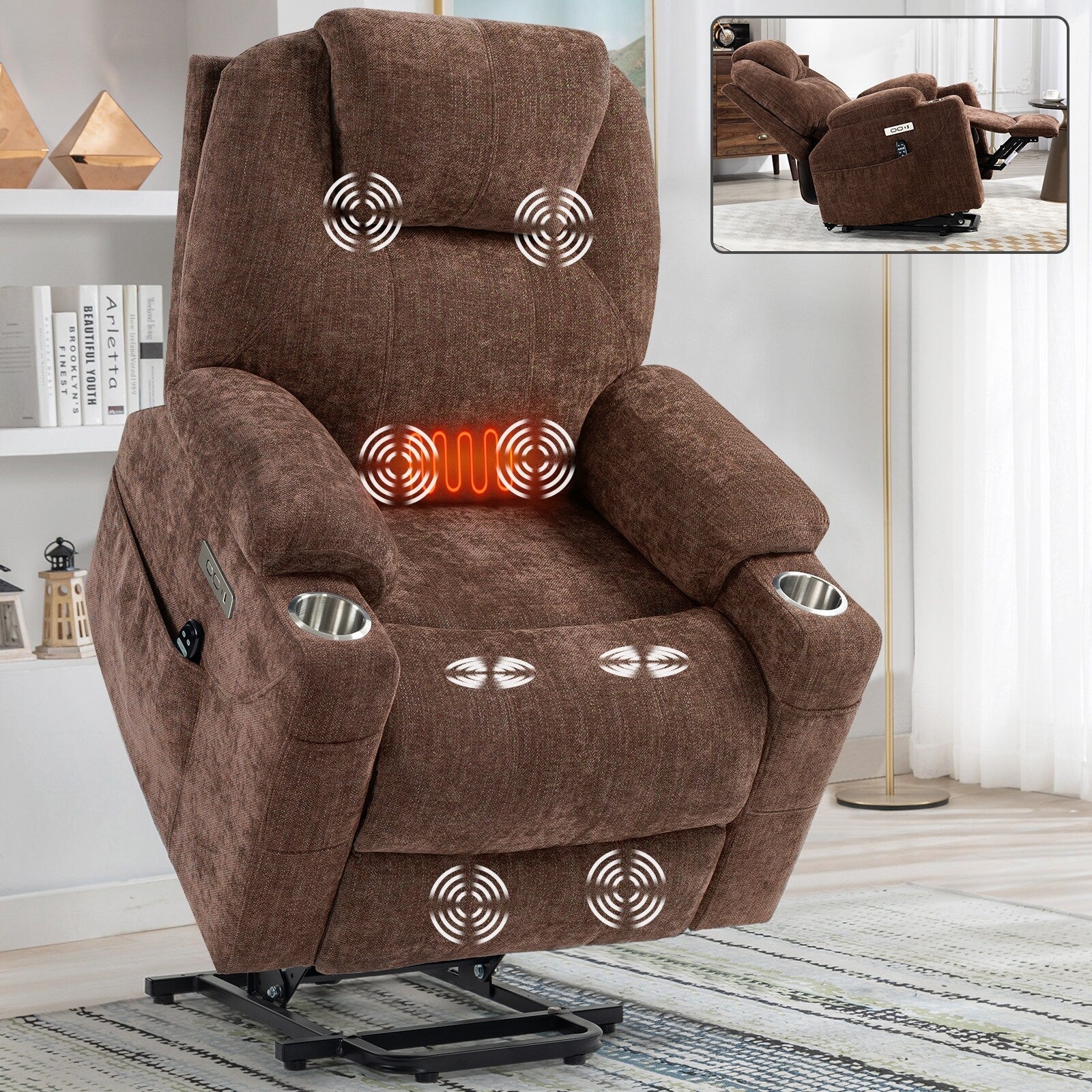 Fauteuil inclinable électrique avec massage par vibrations à 8 points, chauffage lombaire, deux ports USB et porte-gobelets en acier inoxydable