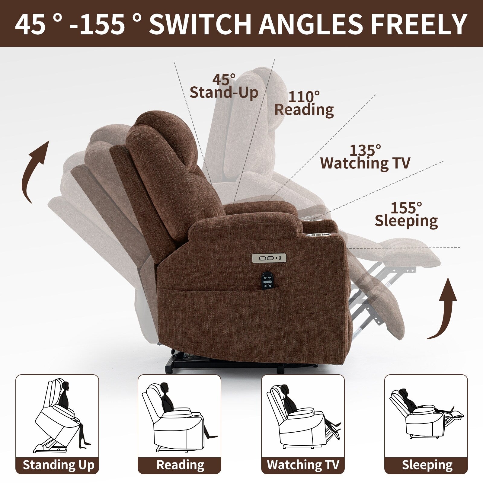 Fauteuil inclinable électrique avec massage par vibrations à 8 points, chauffage lombaire, deux ports USB et porte-gobelets en acier inoxydable