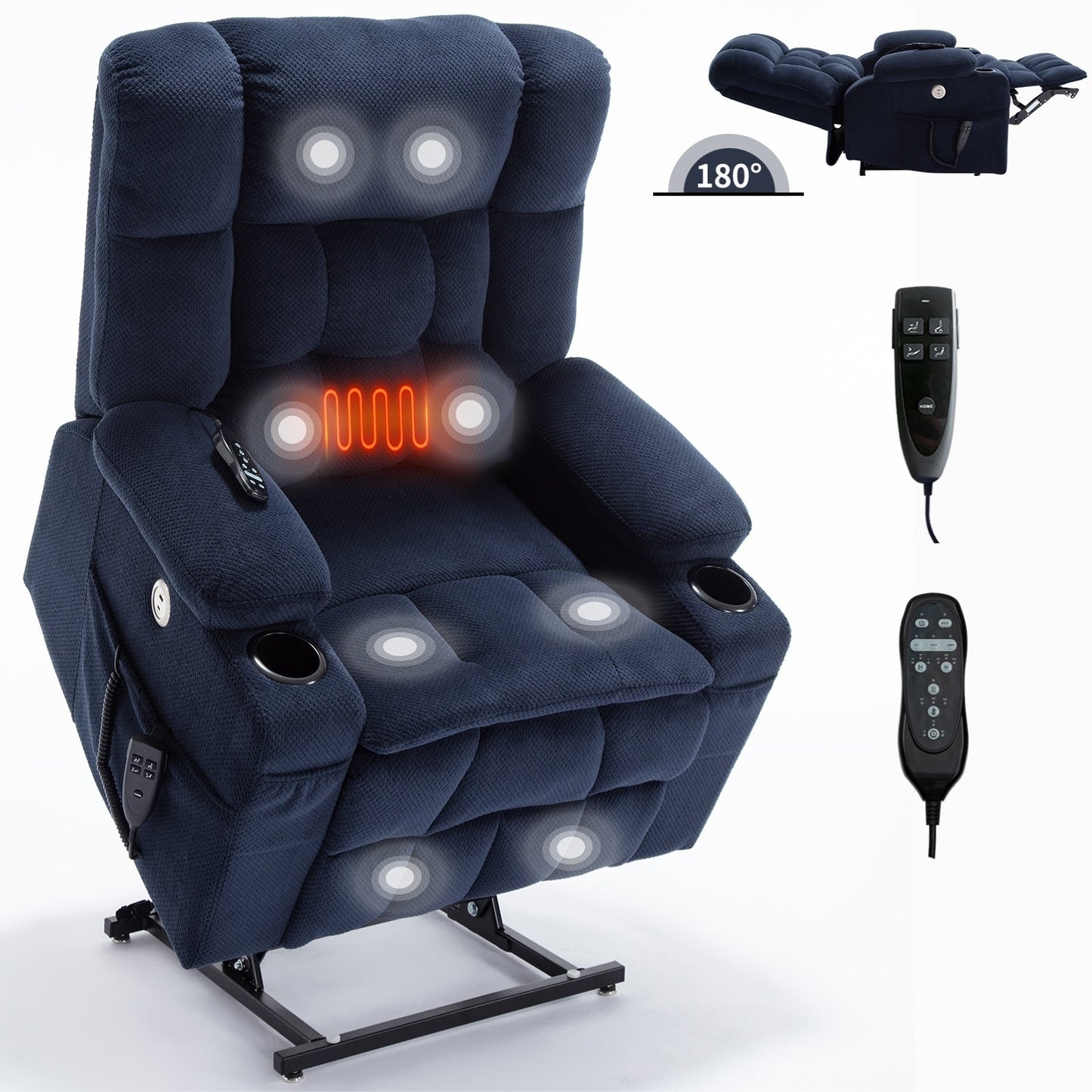 Fauteuil inclinable électrique avec deux moteurs, massage par vibrations à 8 points et chauffage lombaire, deux porte-gobelets et poches latérales