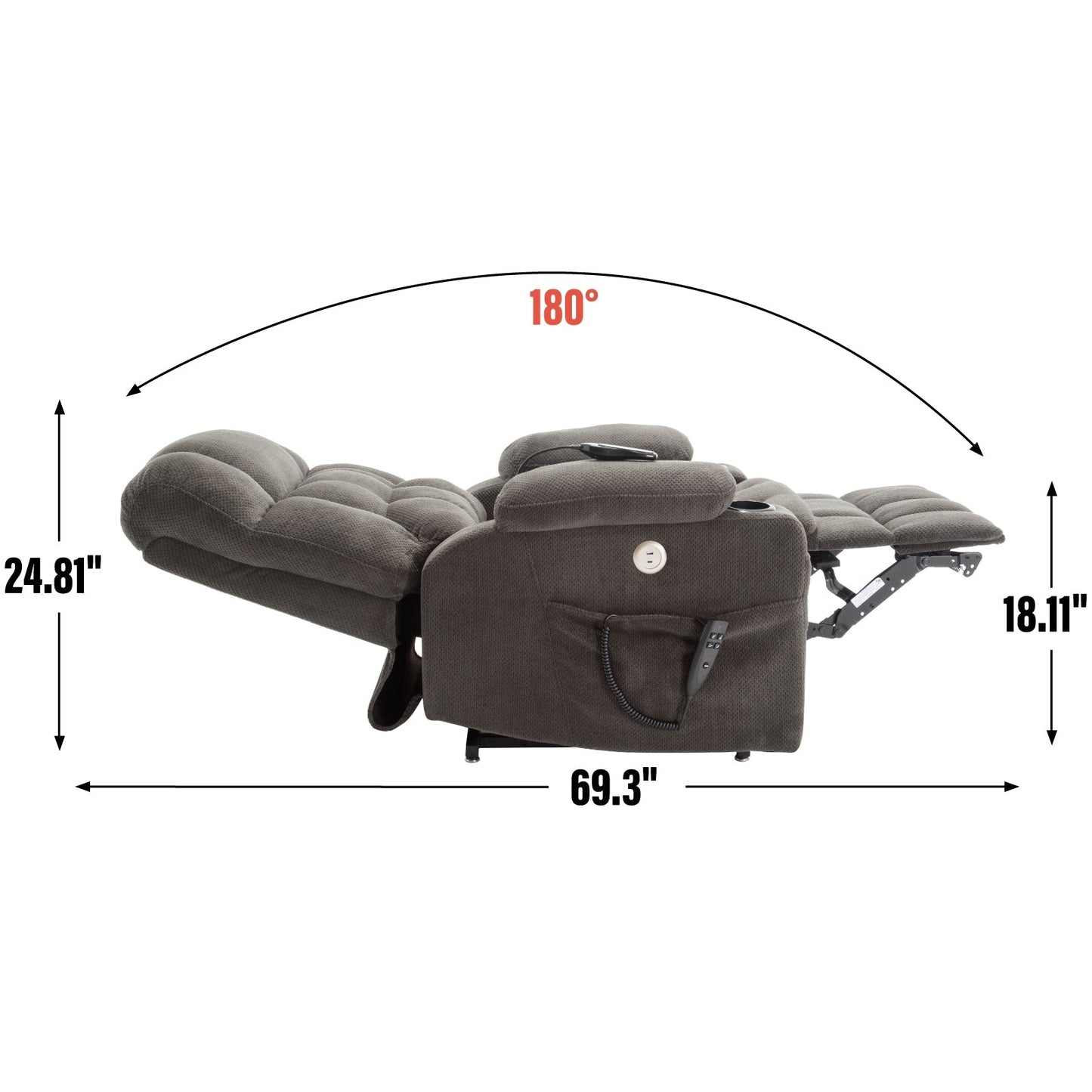 Fauteuil inclinable électrique avec deux moteurs, massage par vibrations à 8 points et chauffage lombaire, deux porte-gobelets et poches latérales