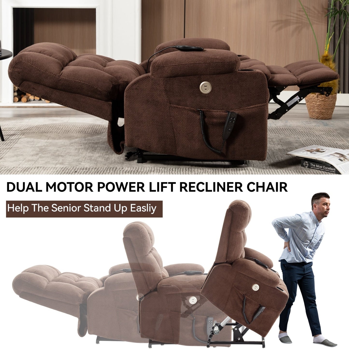Fauteuil inclinable électrique avec deux moteurs, massage par vibrations à 8 points et chauffage lombaire, deux porte-gobelets et poches latérales