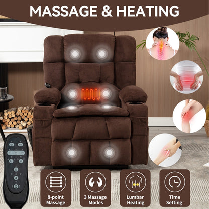 Fauteuil inclinable électrique avec deux moteurs, massage par vibrations à 8 points et chauffage lombaire, deux porte-gobelets et poches latérales