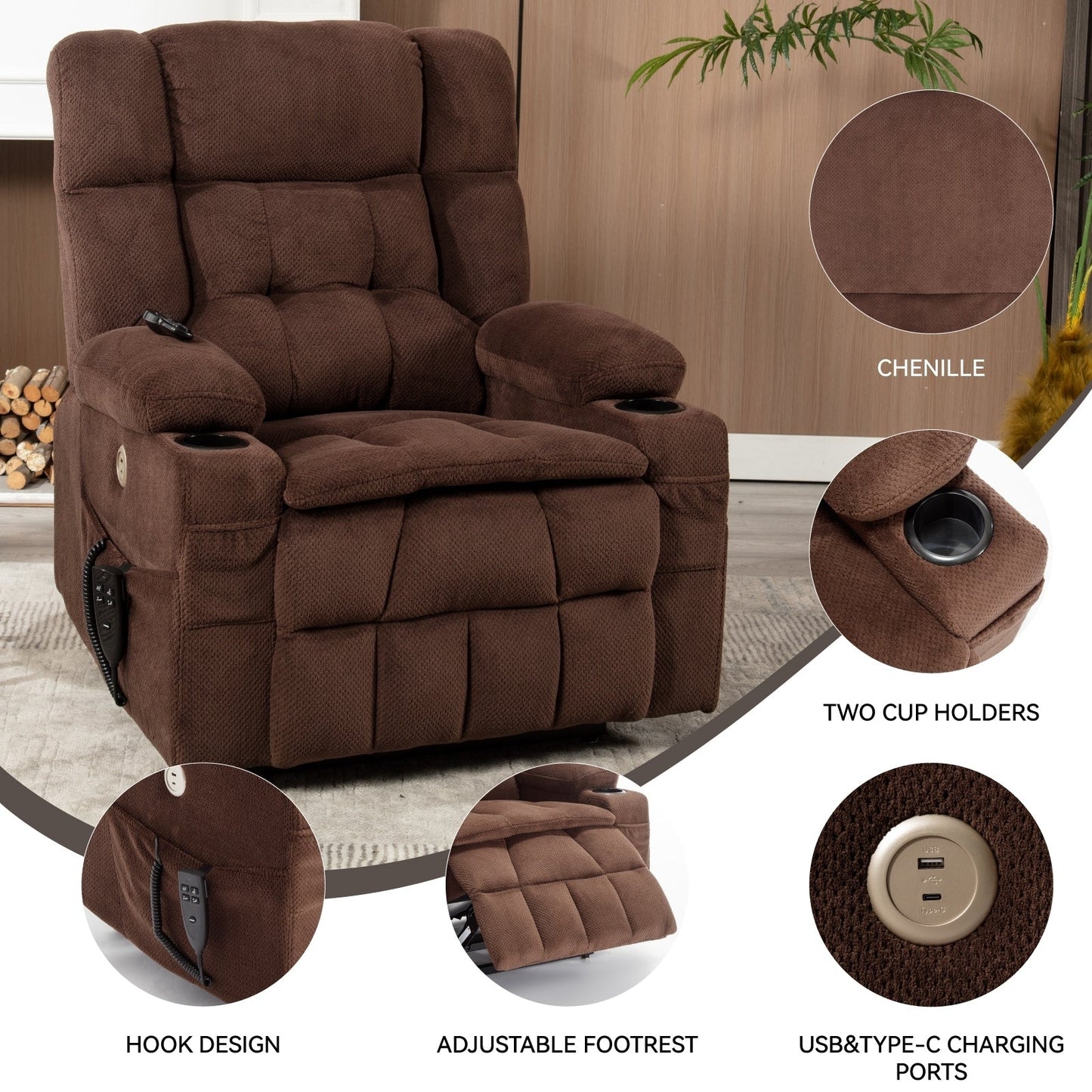 Fauteuil inclinable électrique avec deux moteurs, massage par vibrations à 8 points et chauffage lombaire, deux porte-gobelets et poches latérales
