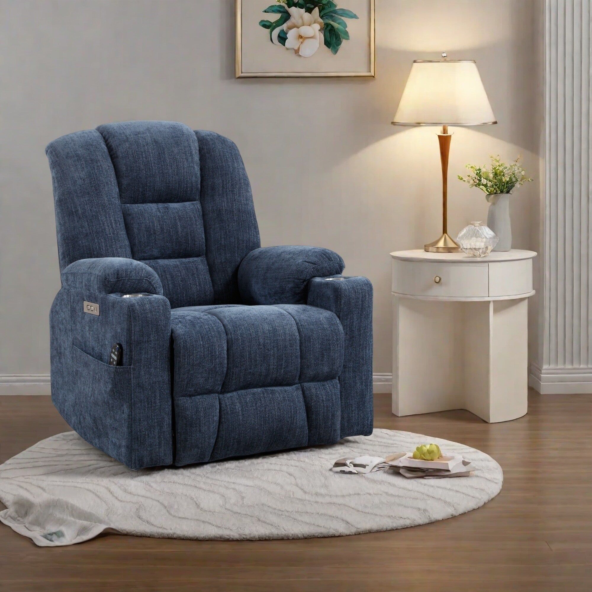 Fauteuil inclinable électrique avec deux ports USB, porte-gobelets, tissu chenille, inclinaison à 155°, montage facile