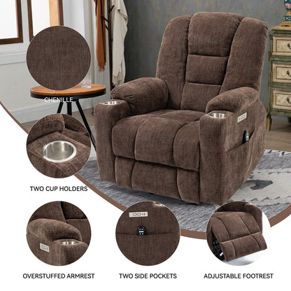 Fauteuil inclinable électrique avec deux ports USB, porte-gobelets, tissu chenille, inclinaison à 155°, montage facile