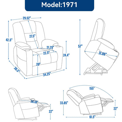 Fauteuil inclinable électrique avec double port USB, porte-gobelets et tissu chenille