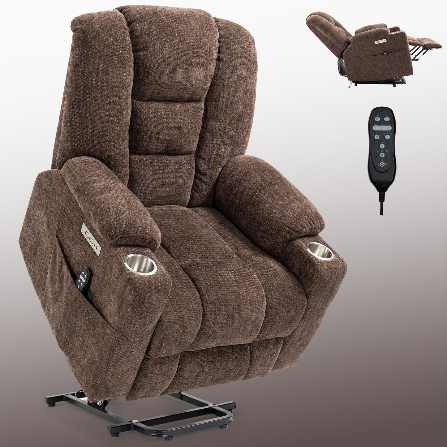 Fauteuil inclinable électrique avec double port USB, porte-gobelets et tissu chenille