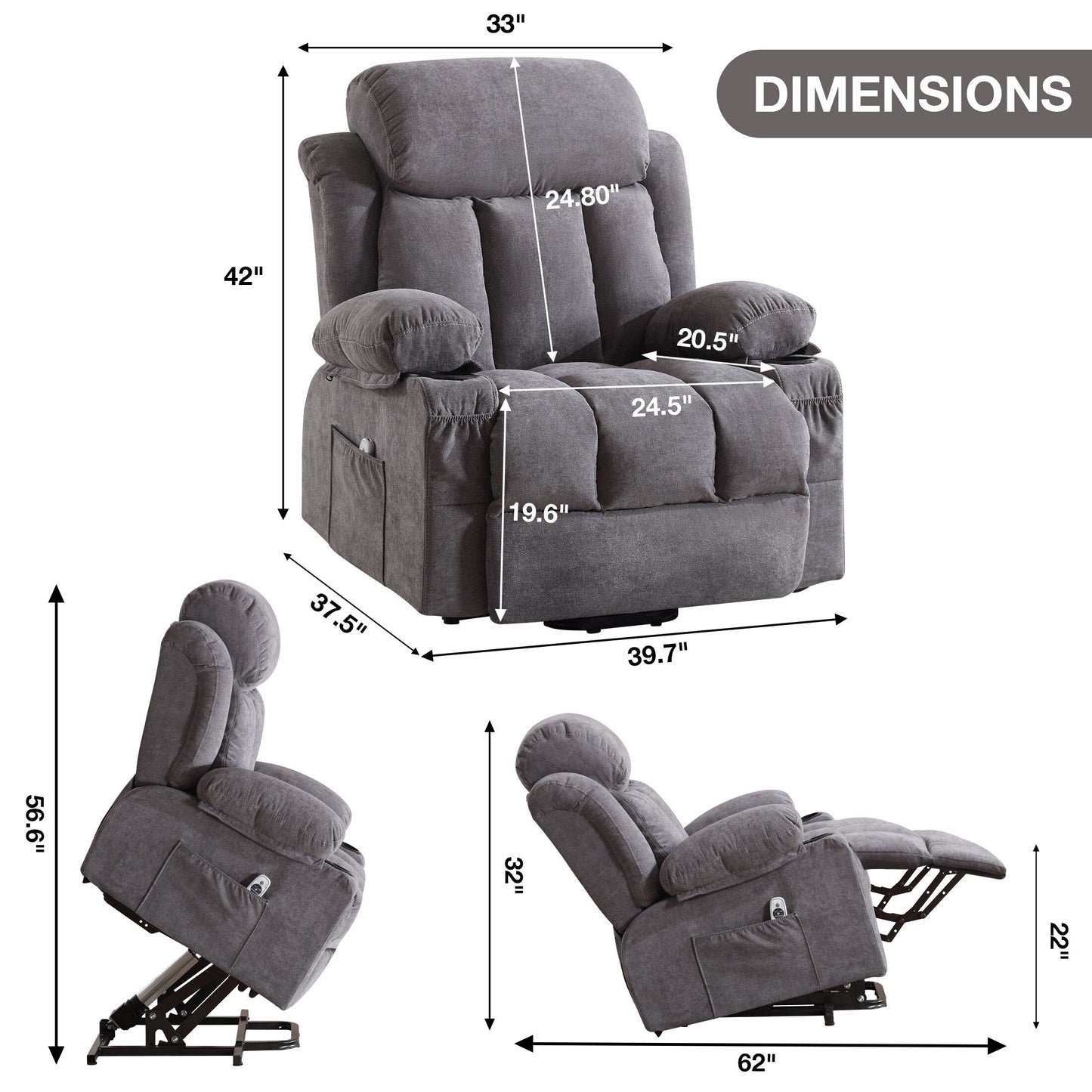 Fauteuil inclinable électrique avec chauffage et massage Fauteuil inclinable électrique en tissu pour personnes âgées avec poche latérale, port de charge USB, Re