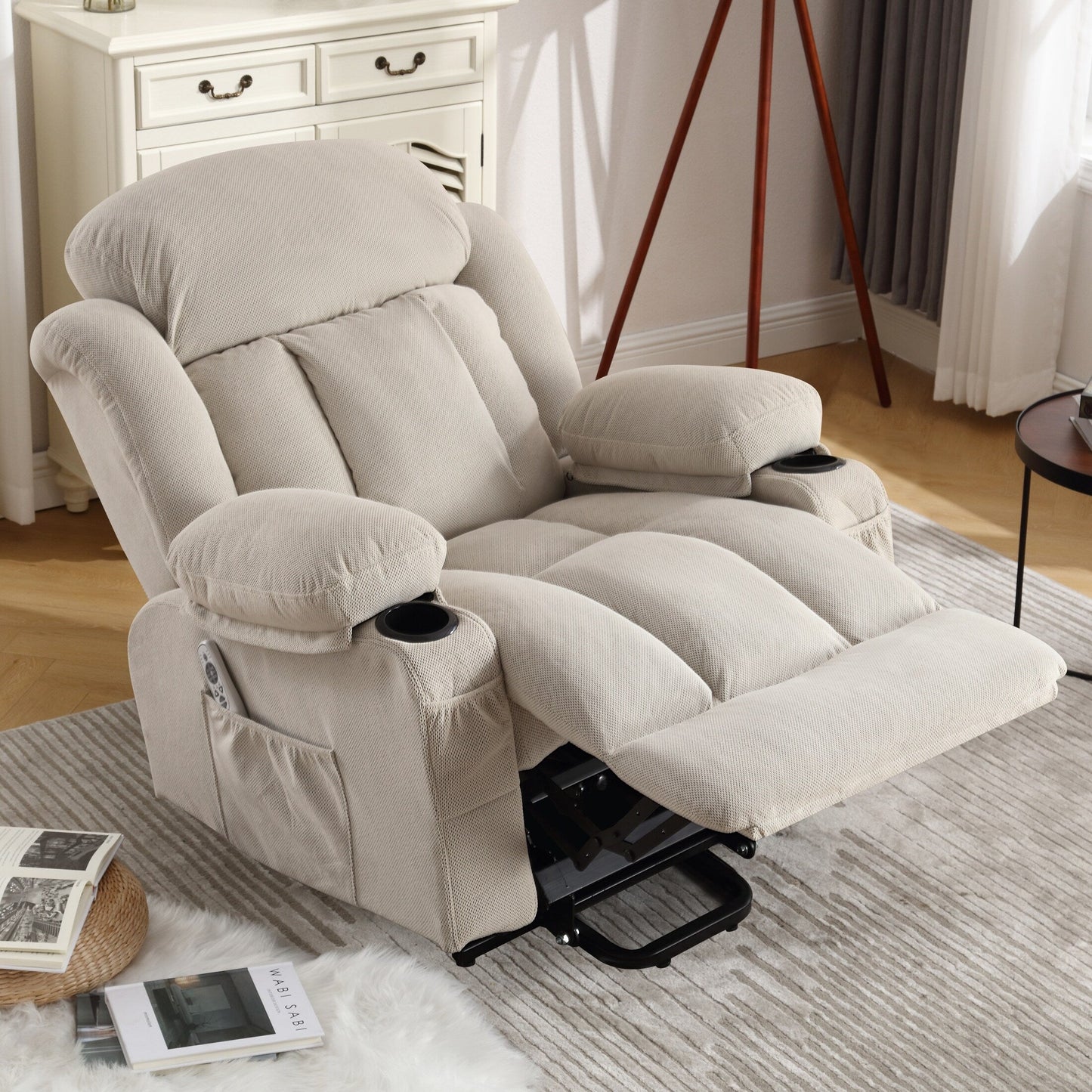 Fauteuil inclinable électrique avec chauffage et massage Fauteuil inclinable électrique en tissu pour personnes âgées avec poche latérale, port de charge USB, Re