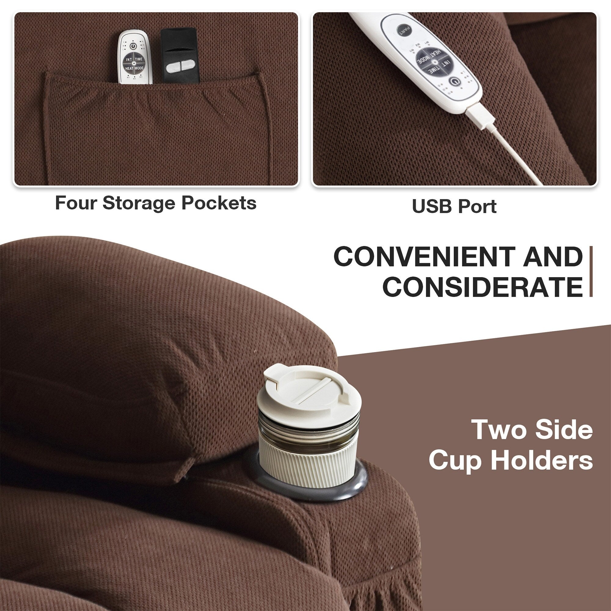Fauteuil inclinable électrique en tissu avec chauffage et massage, poche latérale, port de charge USB et télécommande