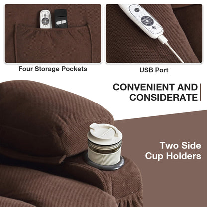 Fauteuil inclinable électrique en tissu avec chauffage et massage, poche latérale, port de charge USB et télécommande