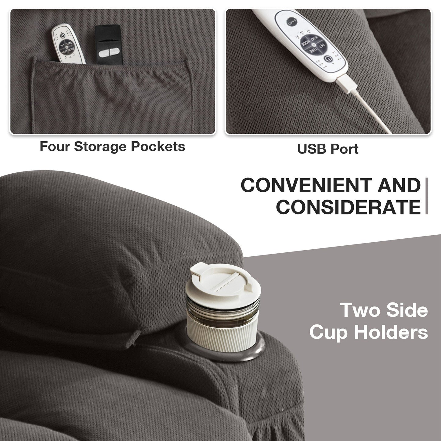 Fauteuil inclinable électrique en tissu avec chauffage et massage, poche latérale, port de charge USB et télécommande