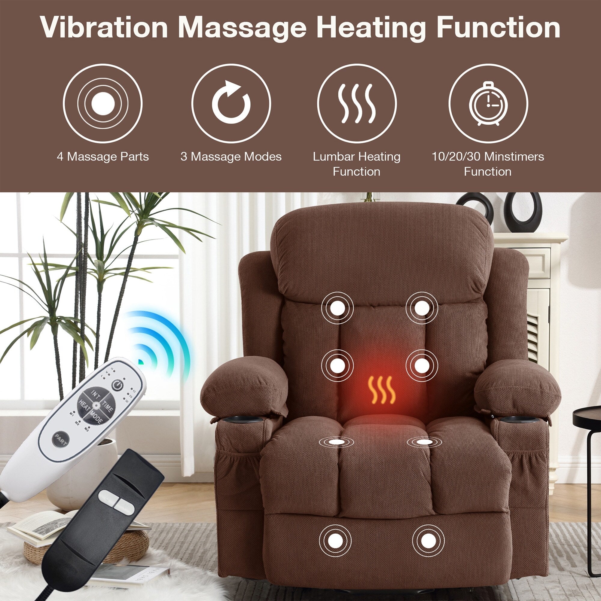 Fauteuil inclinable électrique en tissu avec chauffage et massage, poche latérale, port de charge USB et télécommande