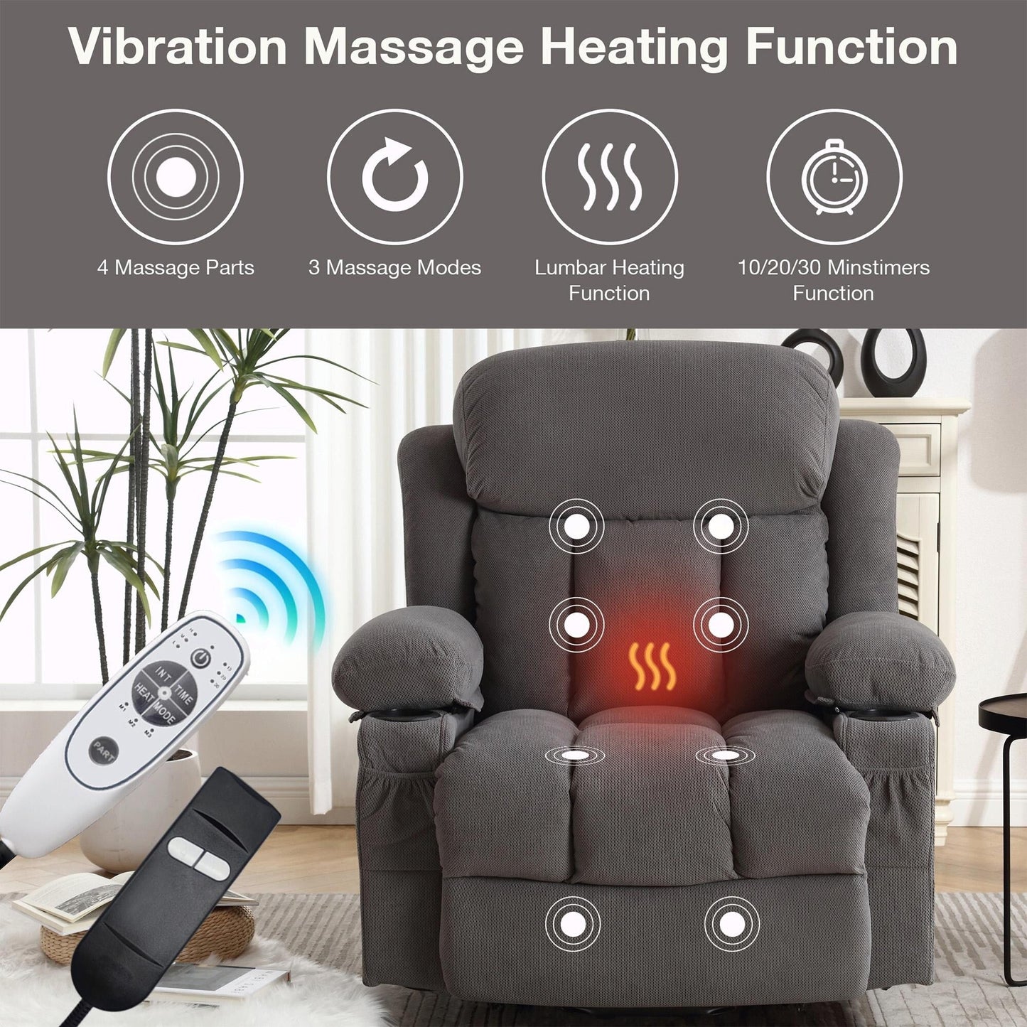 Fauteuil inclinable électrique en tissu avec chauffage et massage