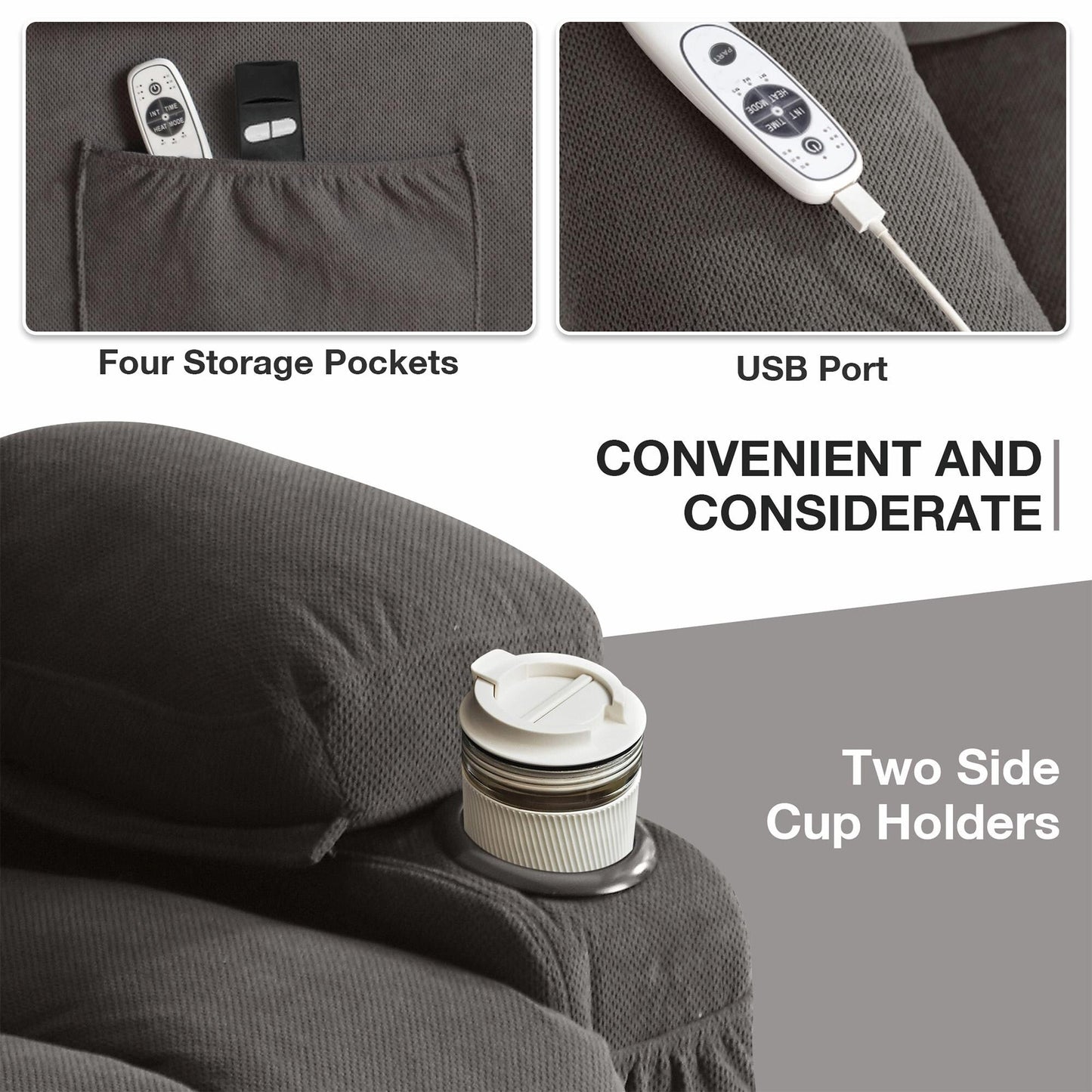 Fauteuil inclinable électrique en tissu avec chauffage et massage