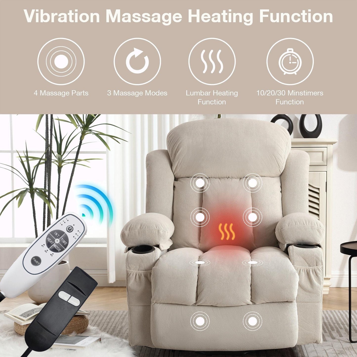 Fauteuil inclinable électrique en tissu avec chauffage et massage