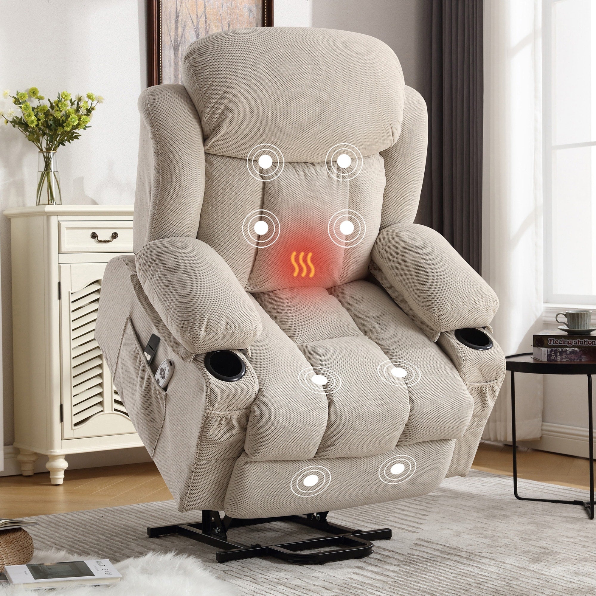Fauteuil inclinable électrique avec chauffage et massage, avec poche latérale, port de charge USB et télécommande