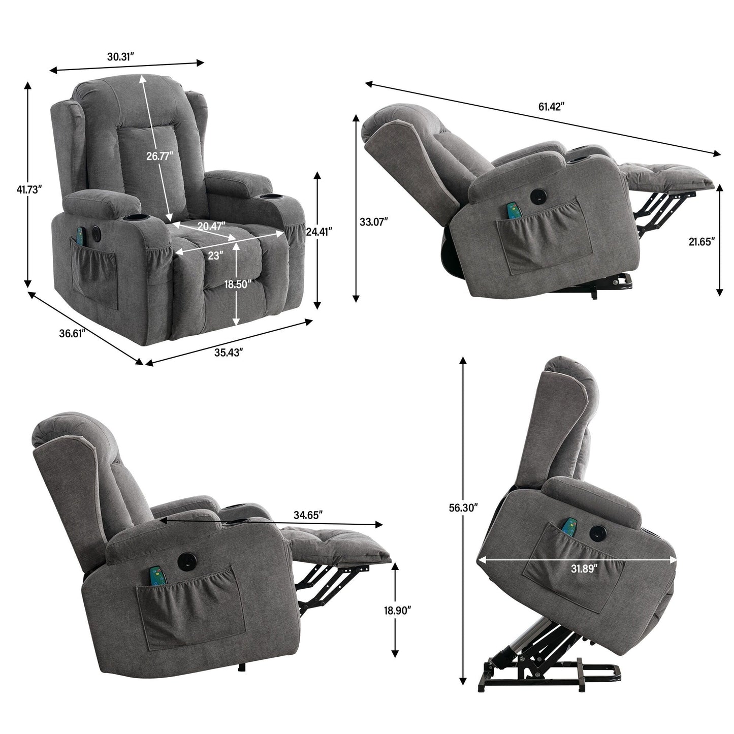 Fauteuil inclinable électrique avec chauffage, massage, port USB et poche latérale pour personnes âgées, inclinable et réglable pour le salon
