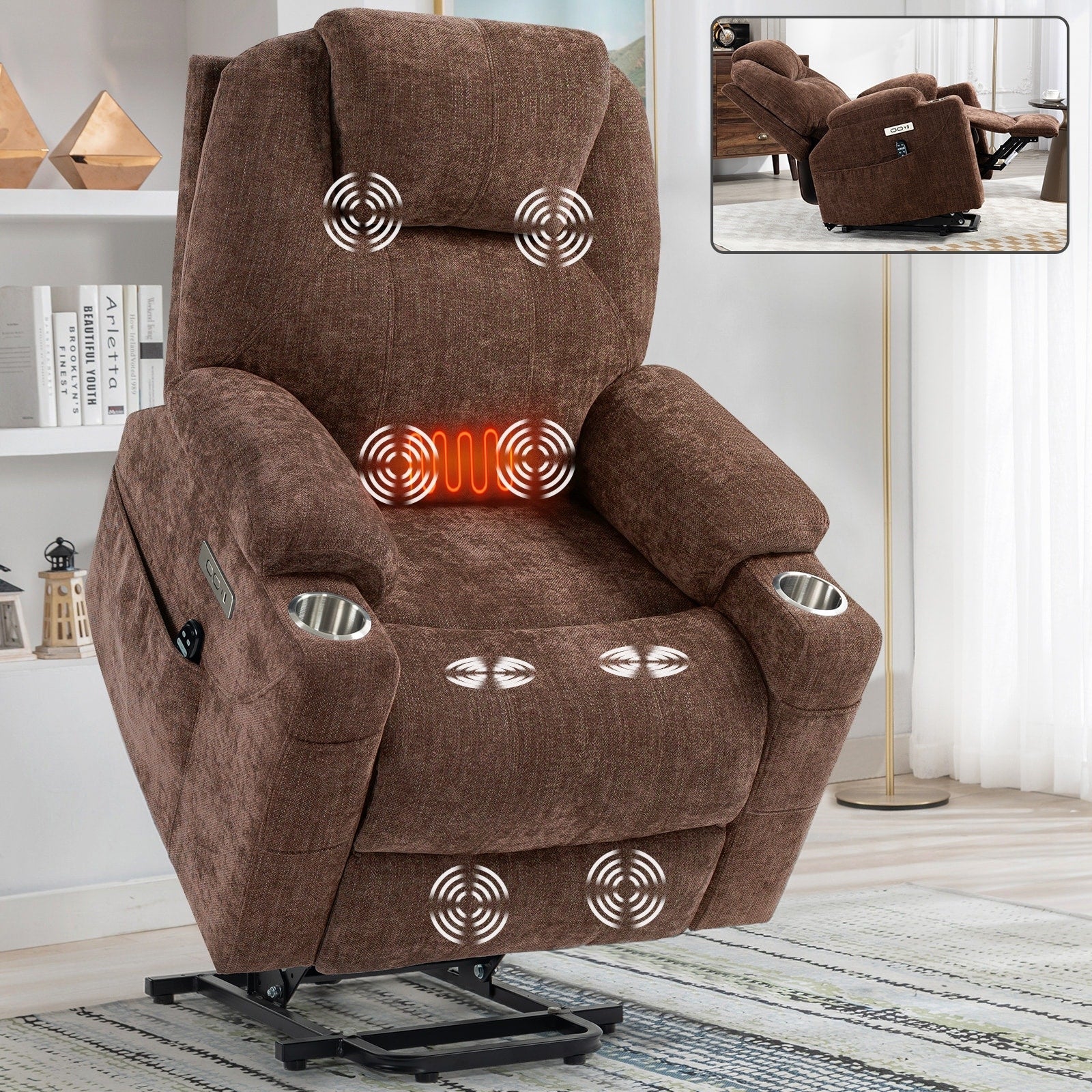 Fauteuil inclinable électrique avec massage et chauffage, USB, Type-C, porte-gobelets