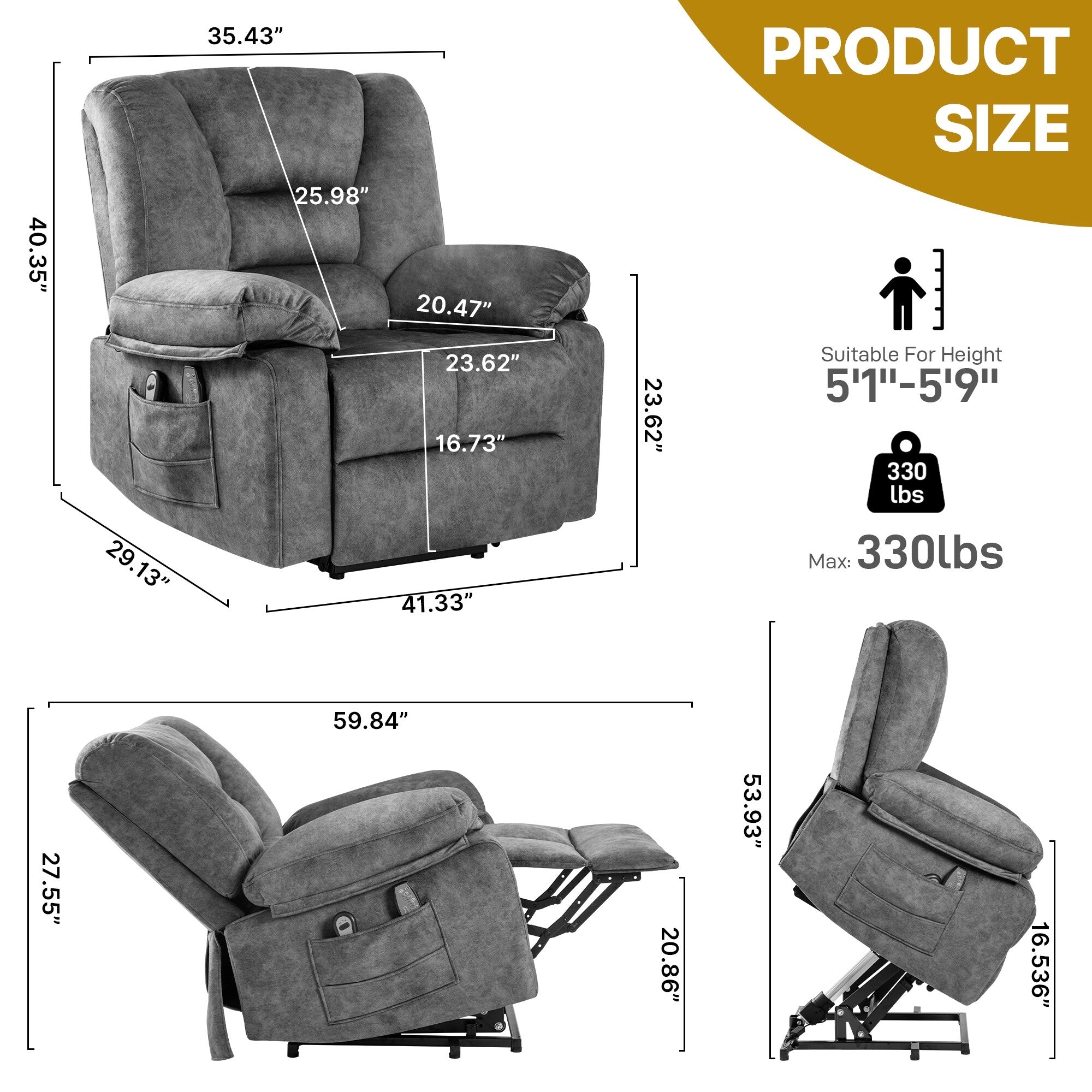 Fauteuil inclinable électrique avec massage, chauffage et capacité de charge de 150 kg