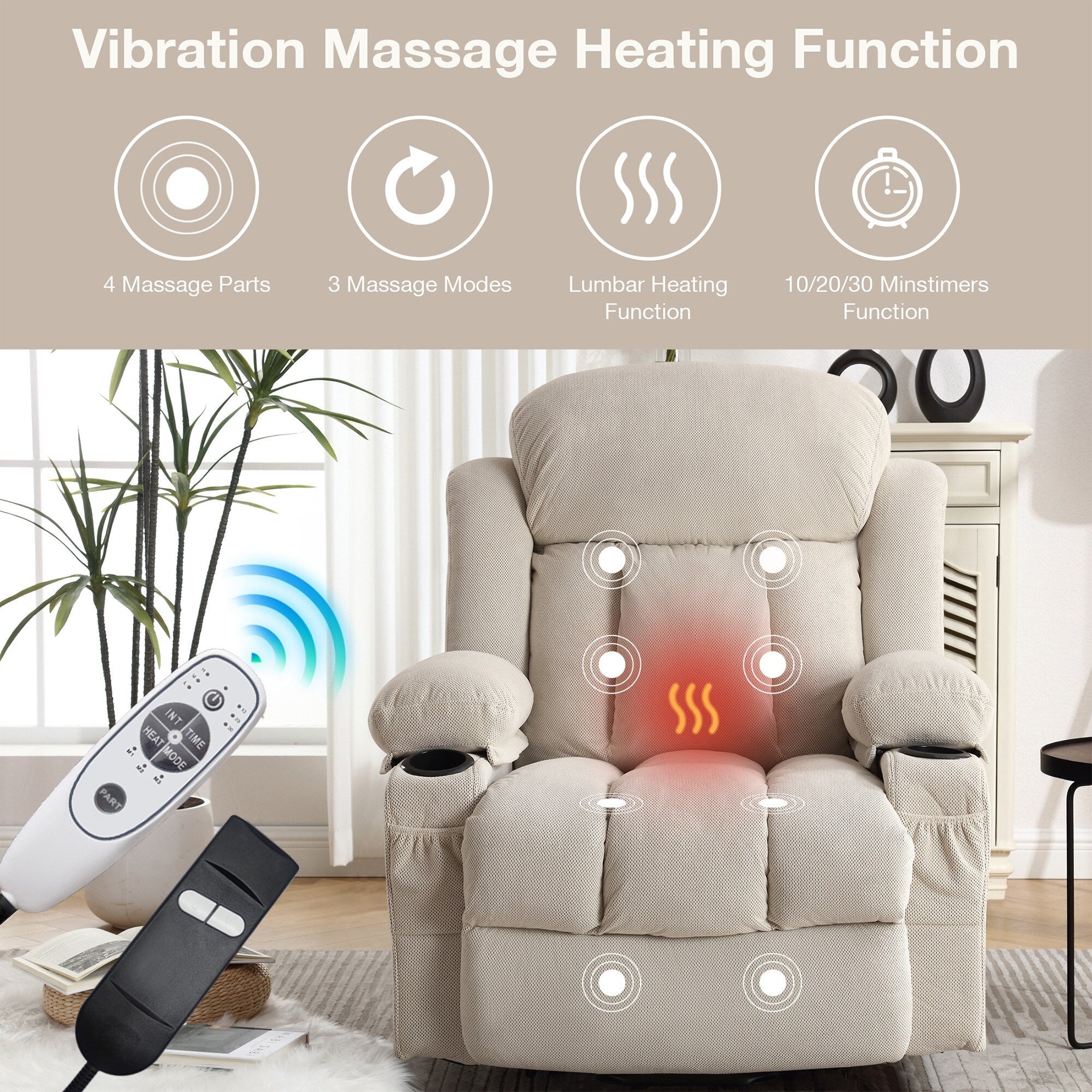 Fauteuil inclinable électrique avec massage, chauffage et port USB — Canapé releveur électrique