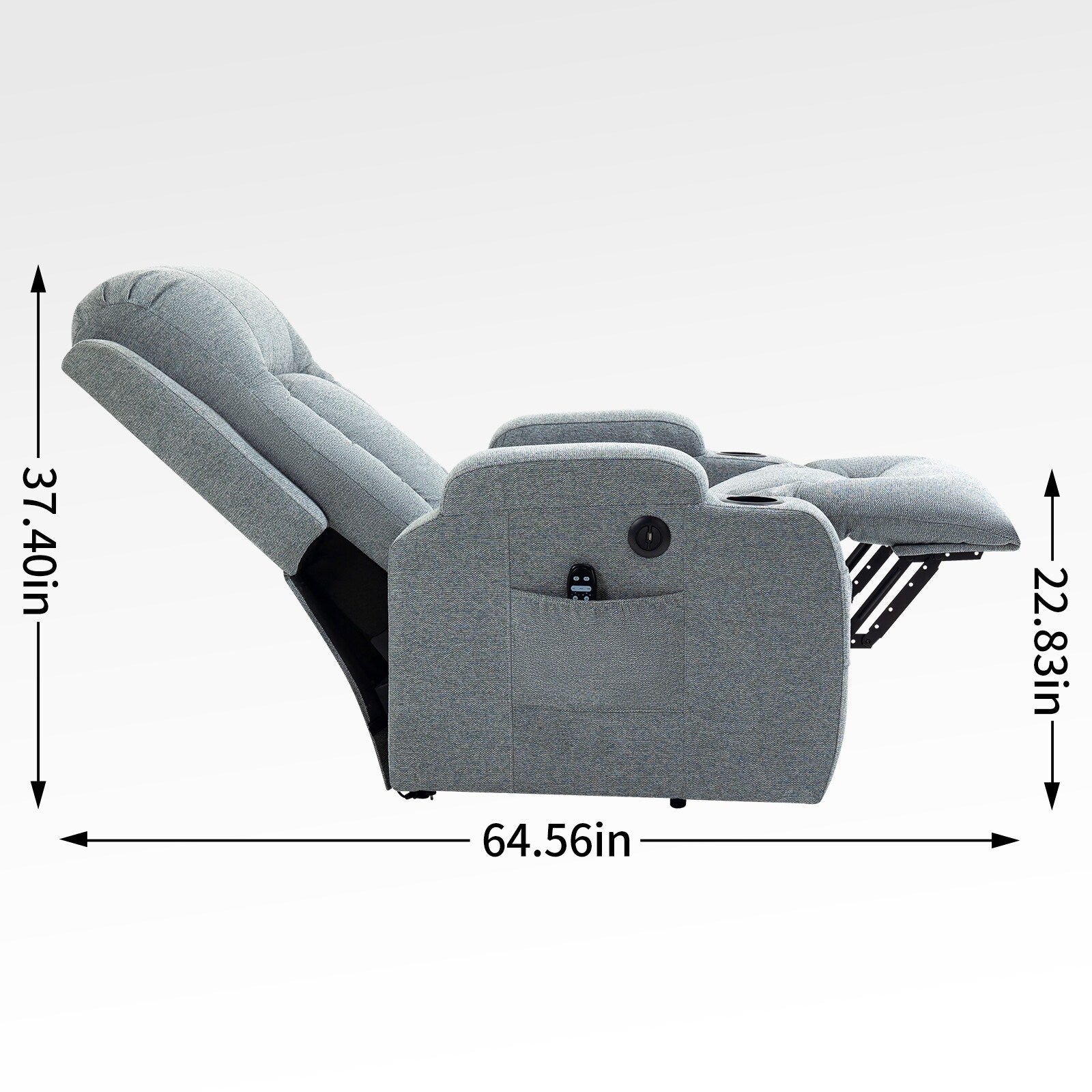 Fauteuil inclinable électrique avec massage, chauffage, port USB, soutien lombaire, deux porte-gobelets et poches latérales