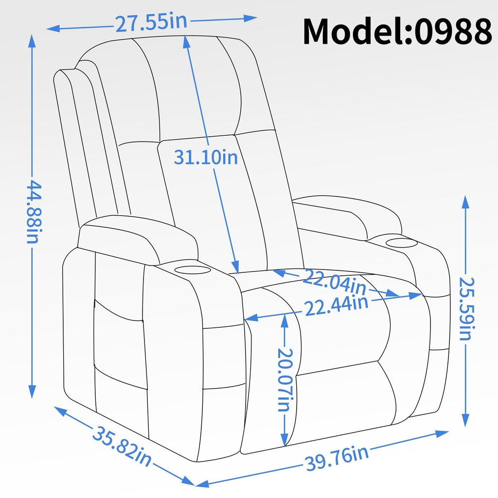 Fauteuil inclinable électrique avec massage, chauffage, port USB, soutien lombaire, deux porte-gobelets et poches latérales