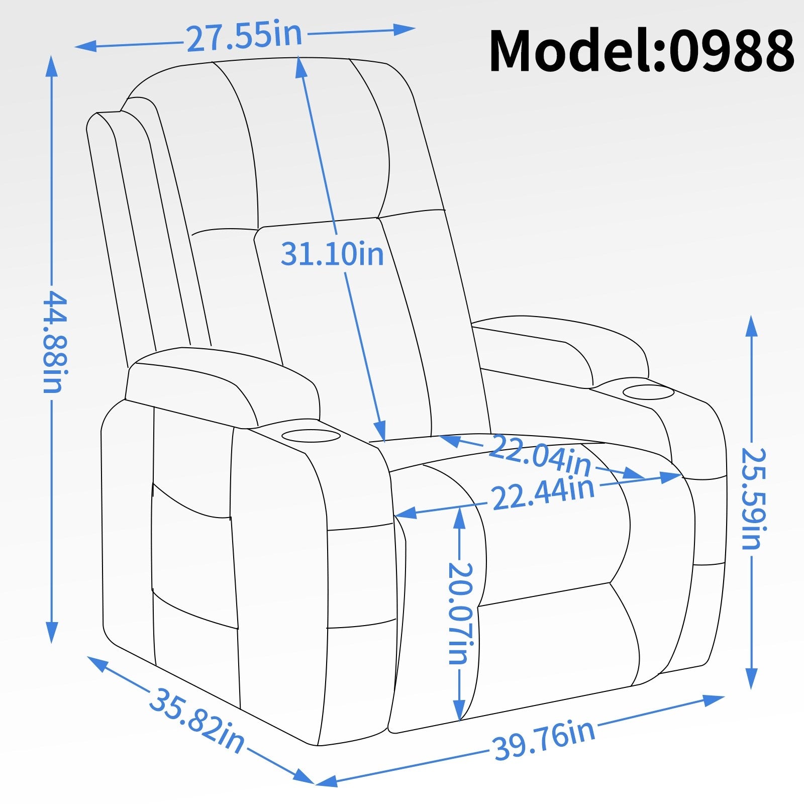 Fauteuil inclinable électrique avec massage, chauffage, port USB, soutien lombaire, deux porte-gobelets et poches latérales