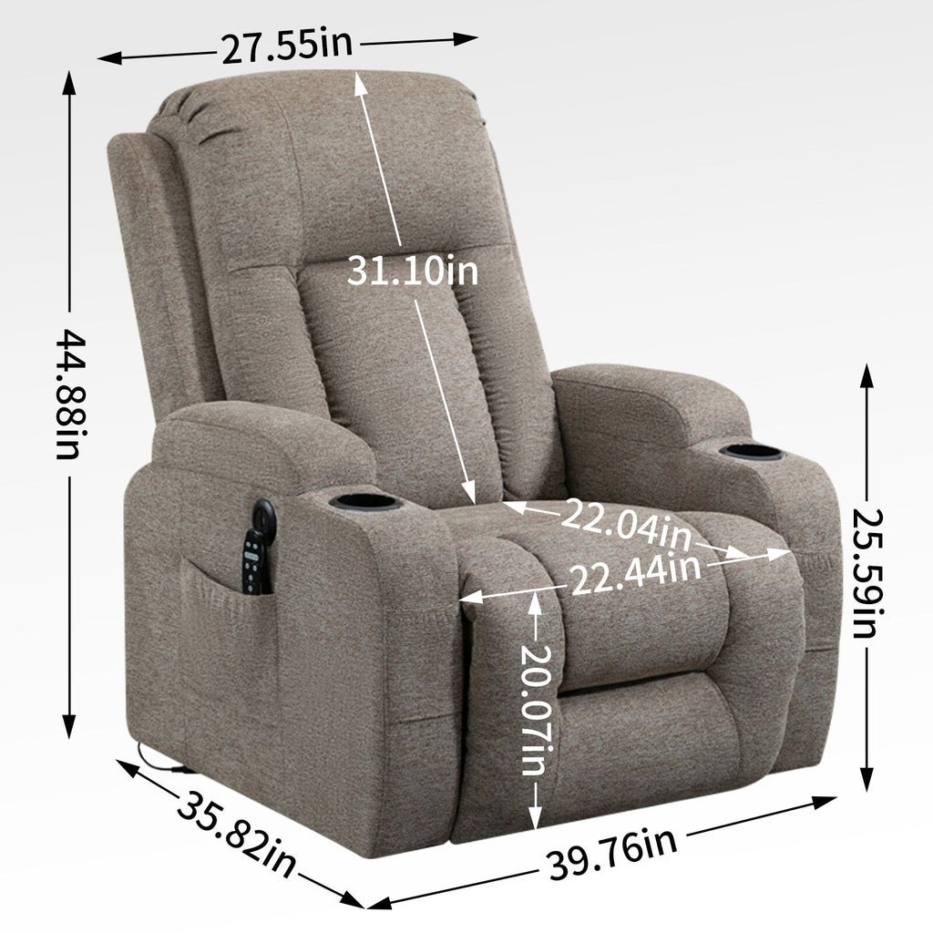 Fauteuil inclinable électrique avec massage, chauffage, port USB, soutien lombaire, deux porte-gobelets et poches latérales