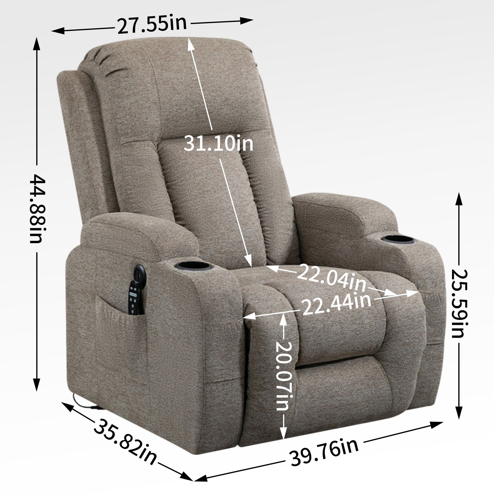 Fauteuil inclinable électrique avec massage, chauffage, port USB, soutien lombaire, deux porte-gobelets et poches latérales