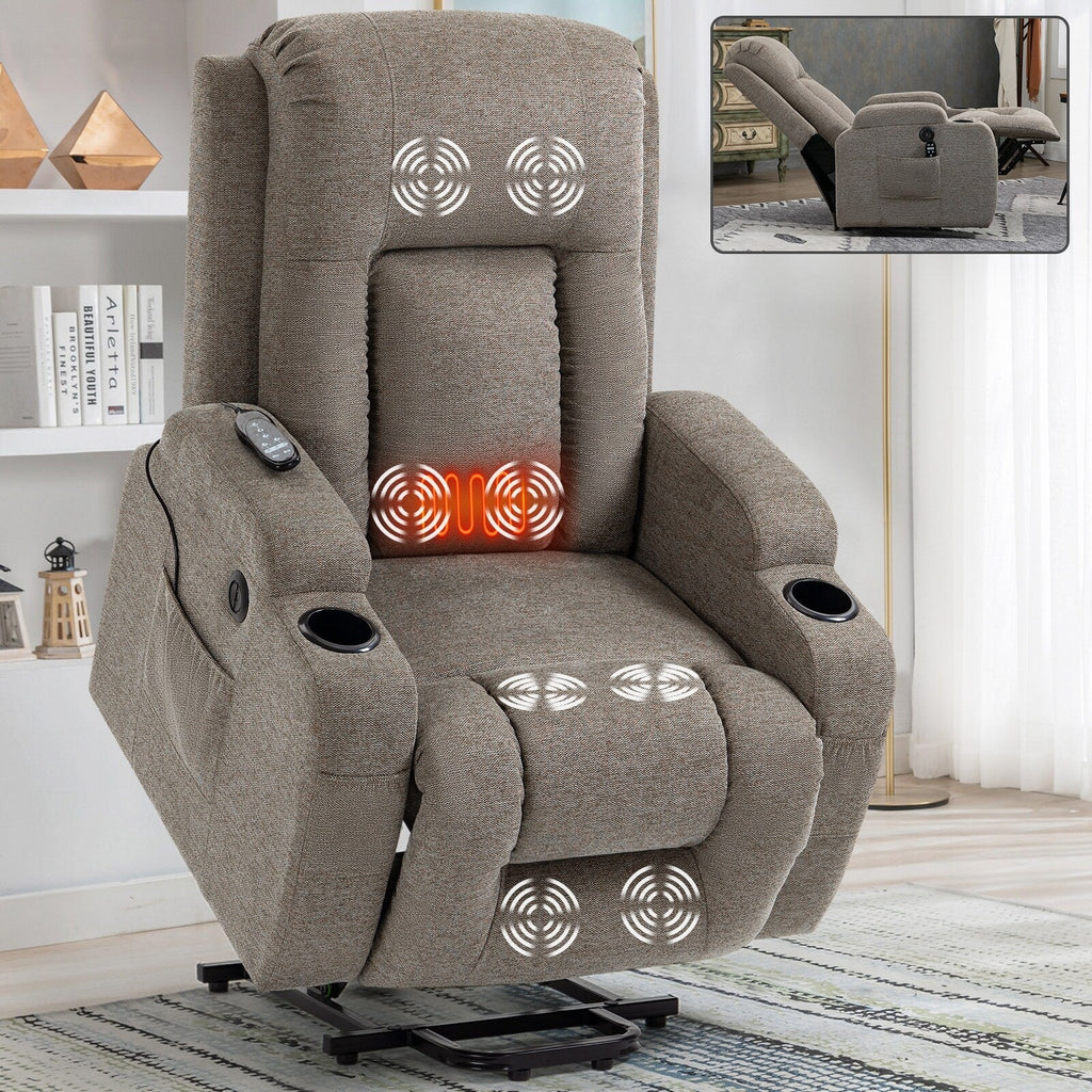 Fauteuil inclinable électrique avec massage, chauffage, port USB, soutien lombaire, deux porte-gobelets et poches latérales
