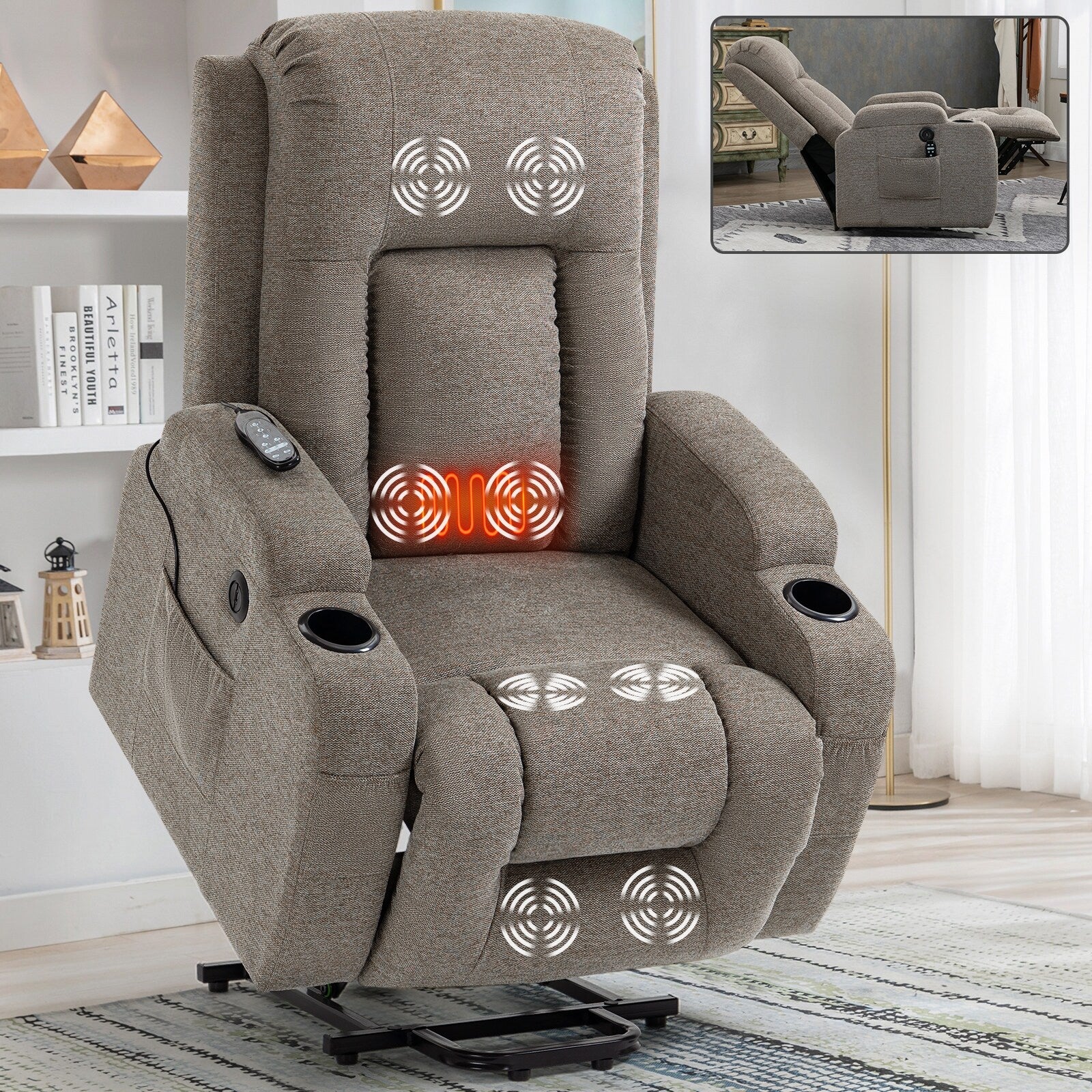 Fauteuil inclinable électrique avec massage, chauffage, port USB, soutien lombaire, deux porte-gobelets et poches latérales
