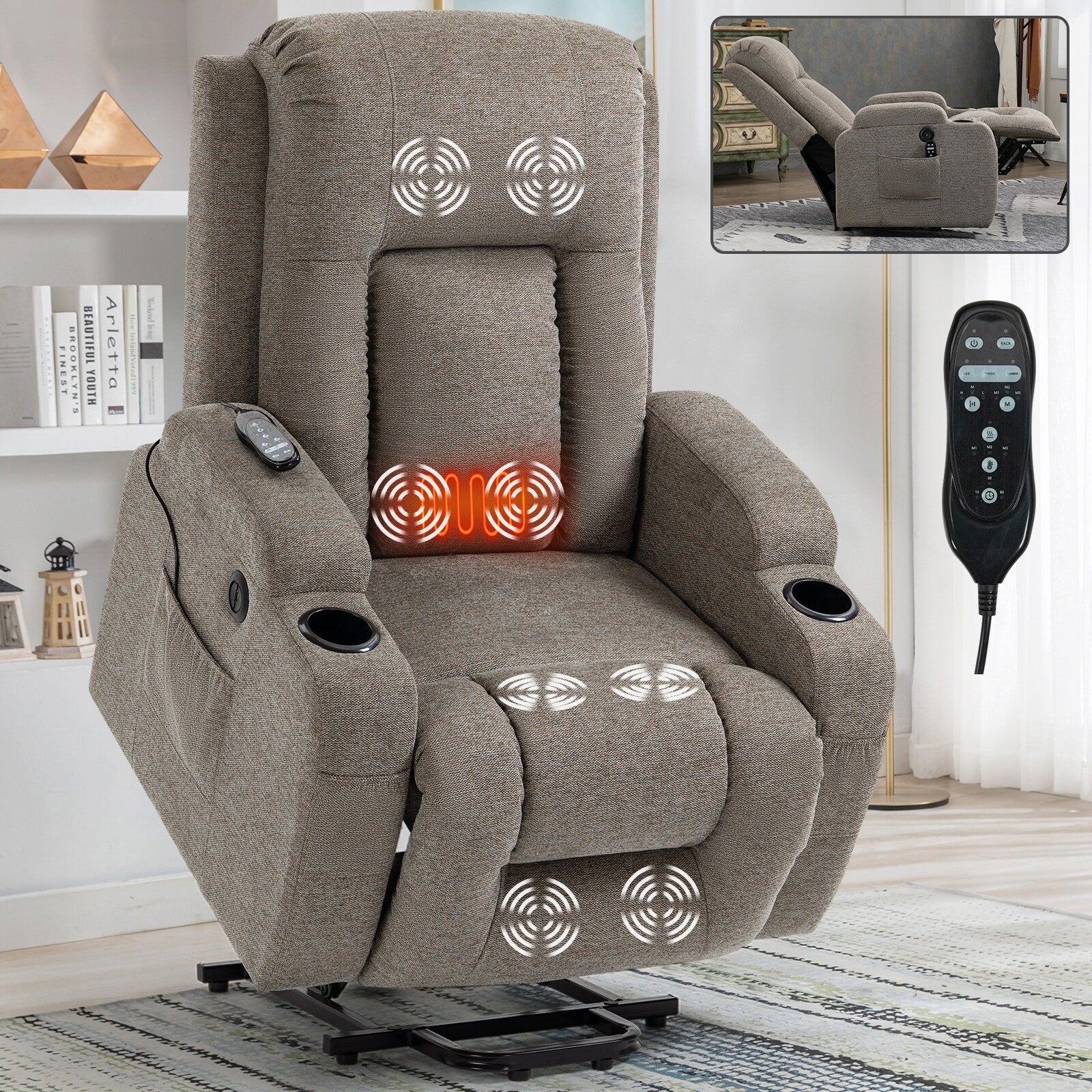 Fauteuil inclinable électrique avec massage, chauffage, port USB, soutien lombaire, deux porte-gobelets et poches latérales