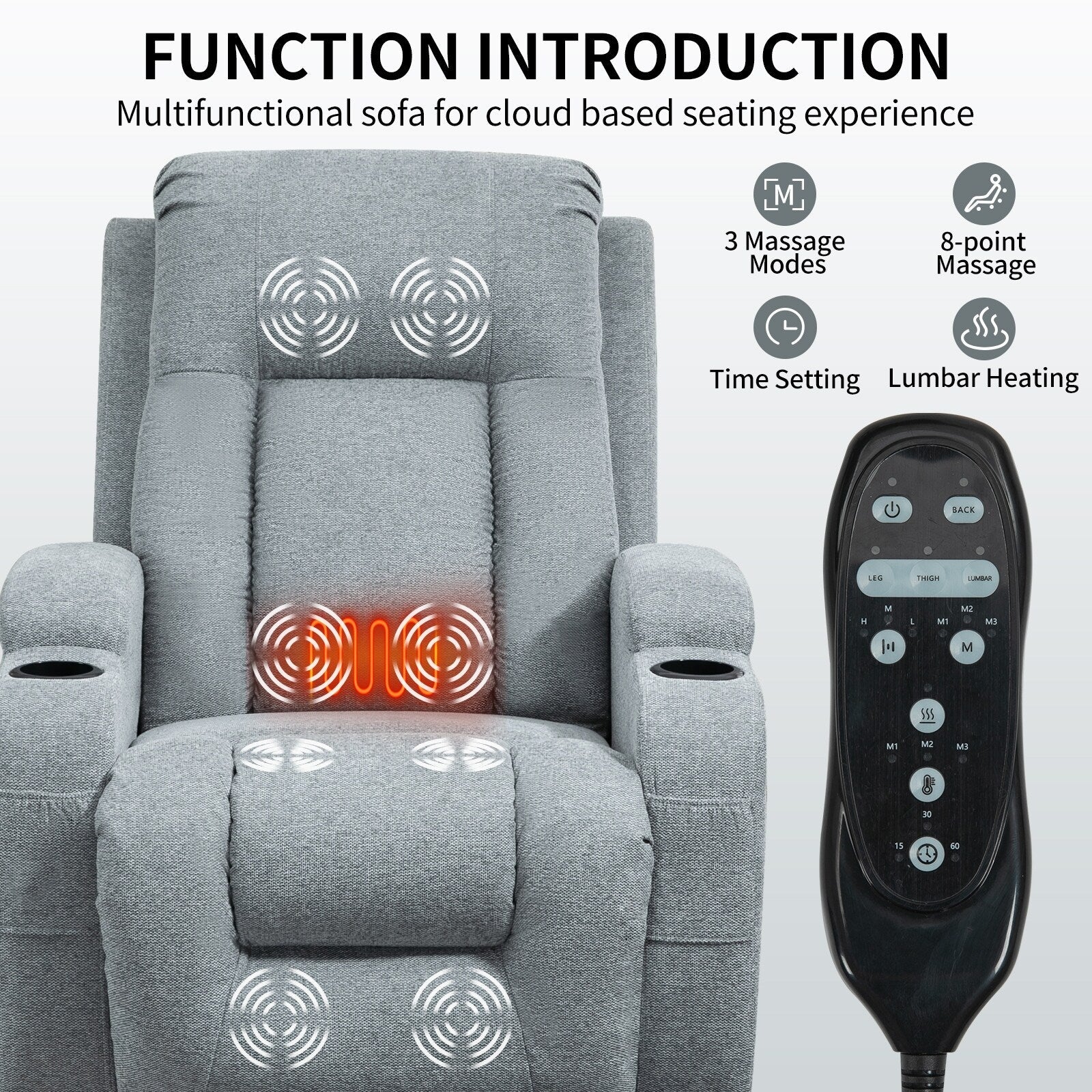Fauteuil inclinable électrique avec massage, chauffage, port USB, soutien lombaire, deux porte-gobelets et poches latérales