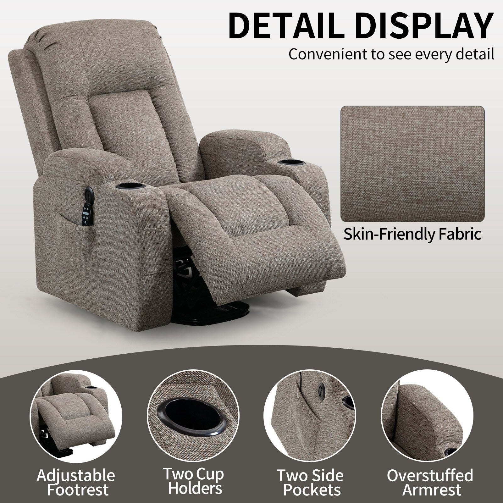 Fauteuil inclinable électrique avec massage, chauffage, port USB, soutien lombaire, deux porte-gobelets et poches latérales