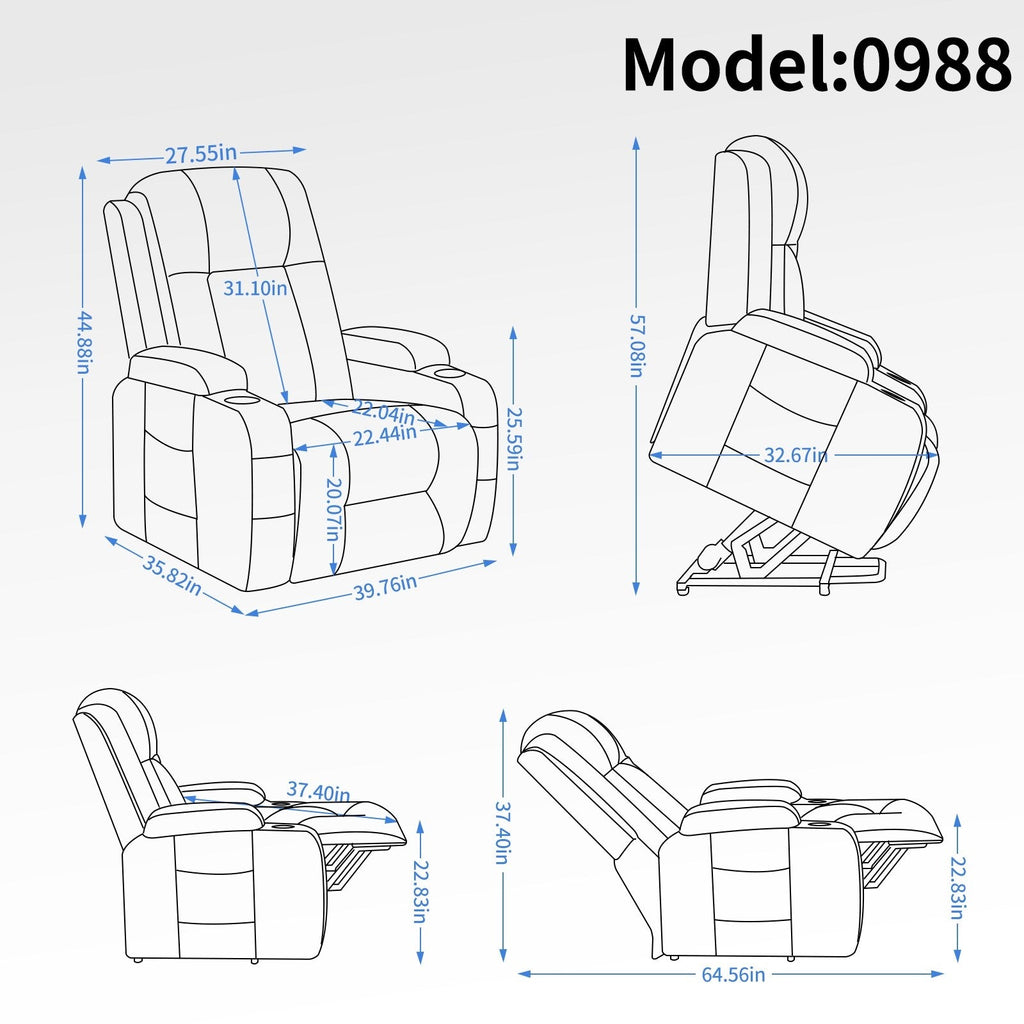 Fauteuil inclinable électrique avec massage, chauffage, port USB, soutien lombaire, deux porte-gobelets et poches latérales