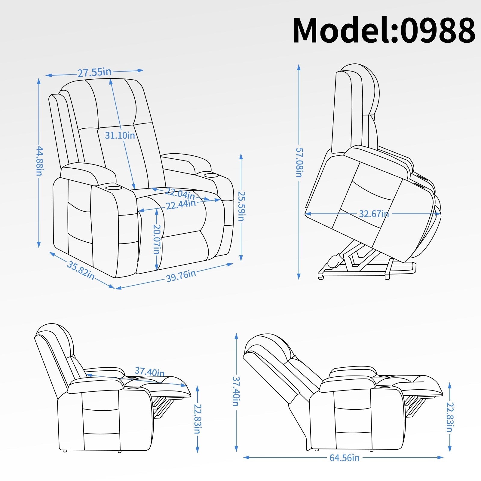 Fauteuil inclinable électrique avec massage, chauffage, port USB, soutien lombaire, deux porte-gobelets et poches latérales