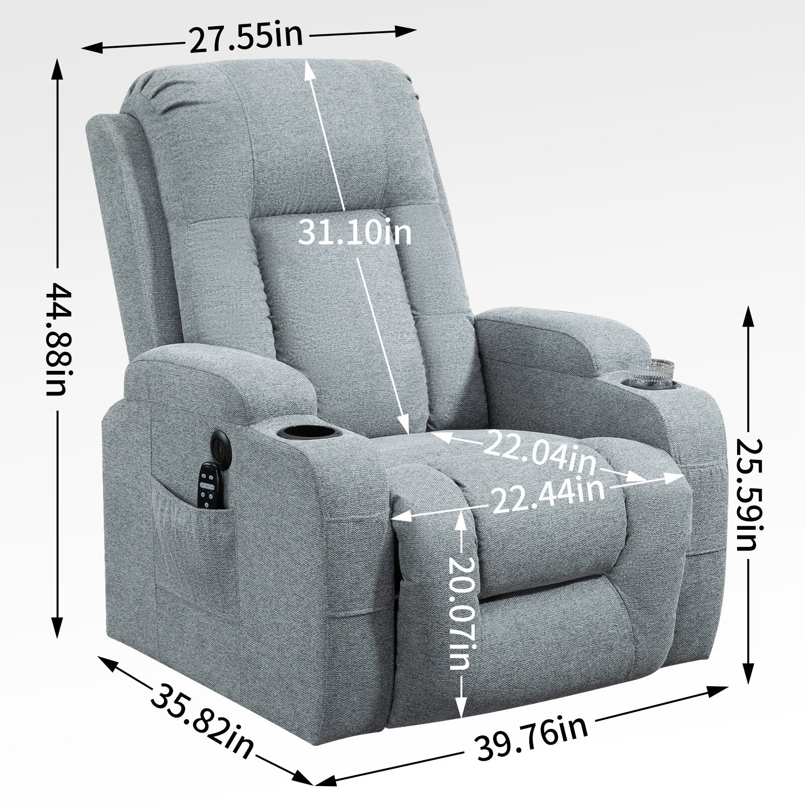 Fauteuil inclinable électrique avec massage, chauffage, port USB, soutien lombaire, deux porte-gobelets et poches latérales