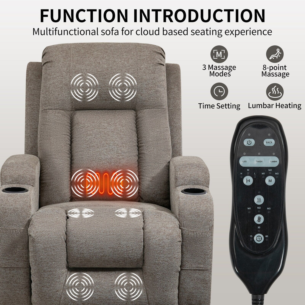 Fauteuil inclinable électrique avec massage, chauffage, port USB, soutien lombaire, deux porte-gobelets et poches latérales