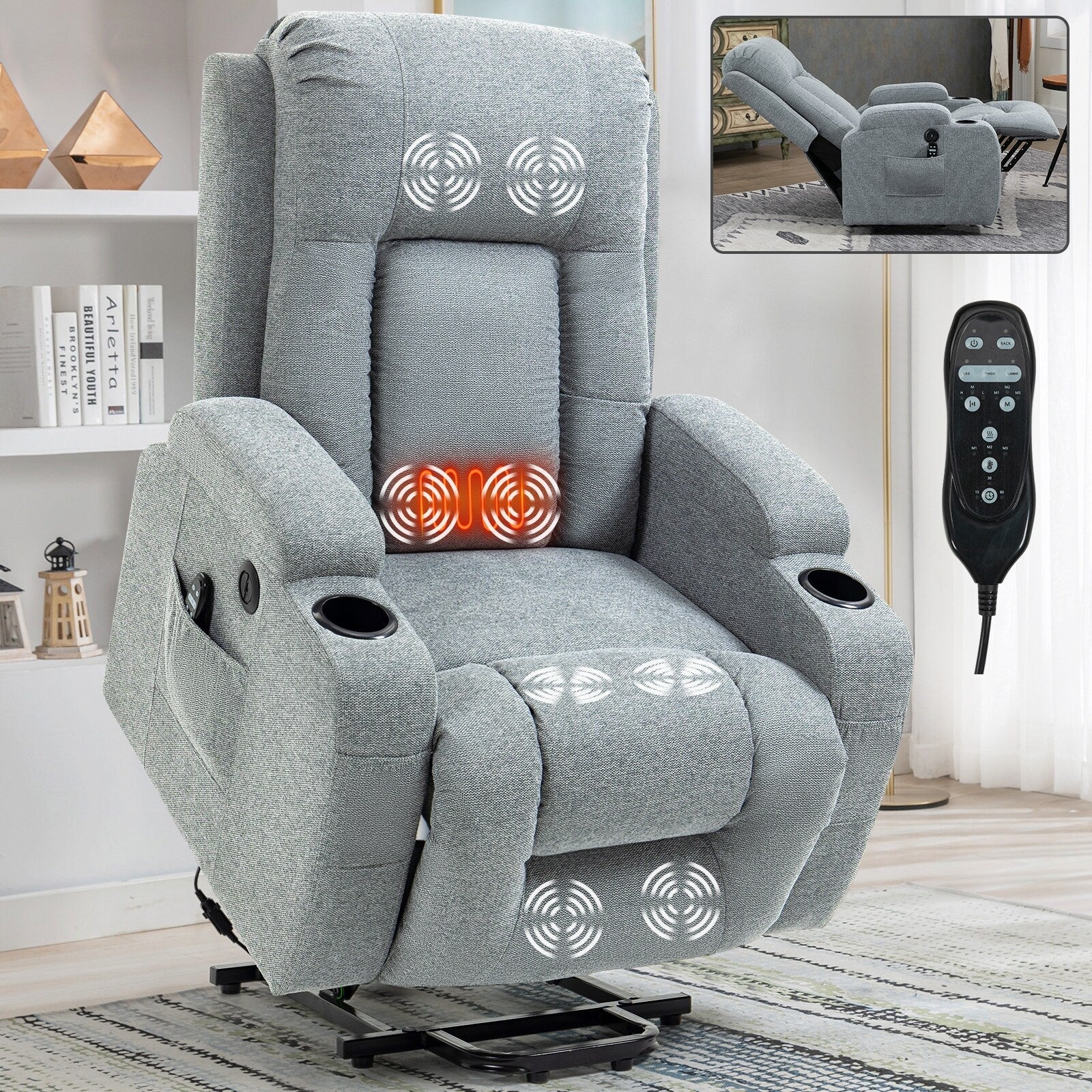 Fauteuil inclinable électrique avec massage, chauffage, port USB, soutien lombaire, deux porte-gobelets et poches latérales