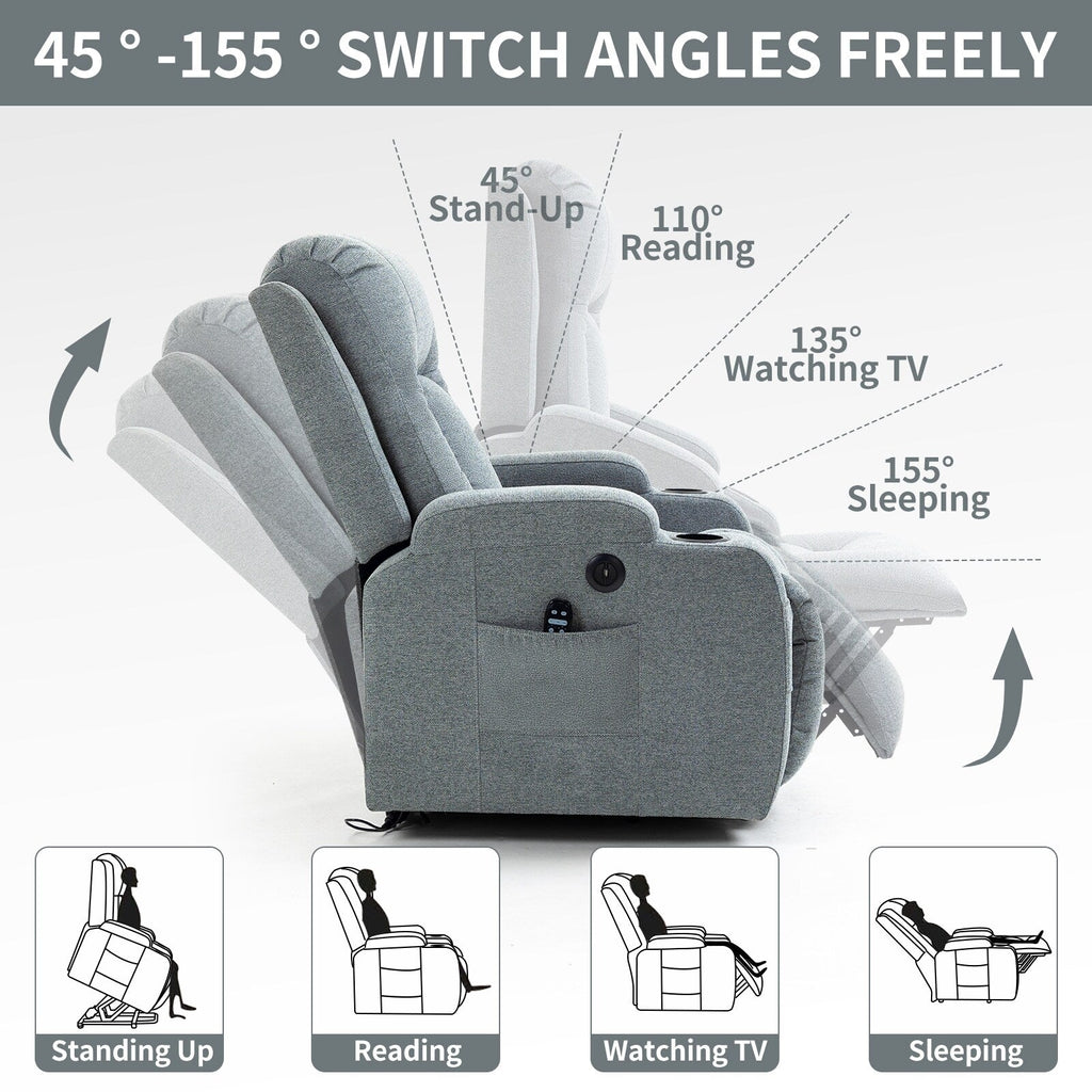 Fauteuil inclinable électrique avec massage, chauffage, port USB, soutien lombaire, deux porte-gobelets et poches latérales